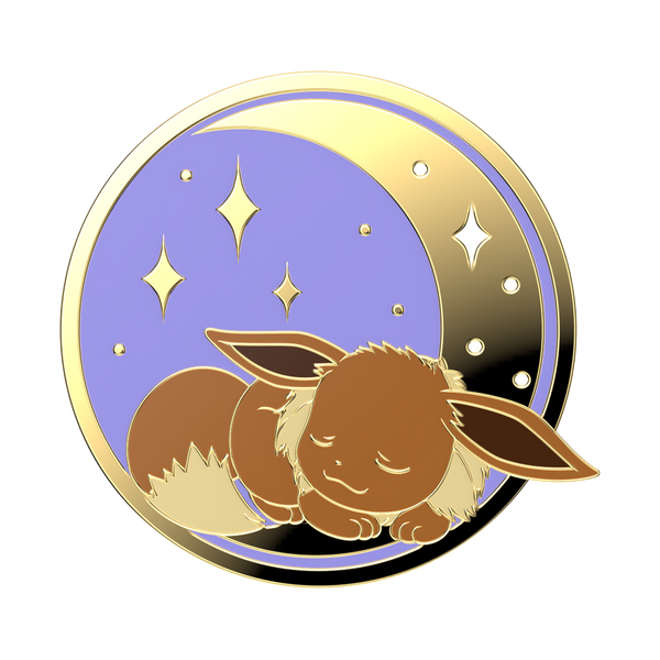 Enamel pin with a gold border, purple background, and sleeping creature illustration.