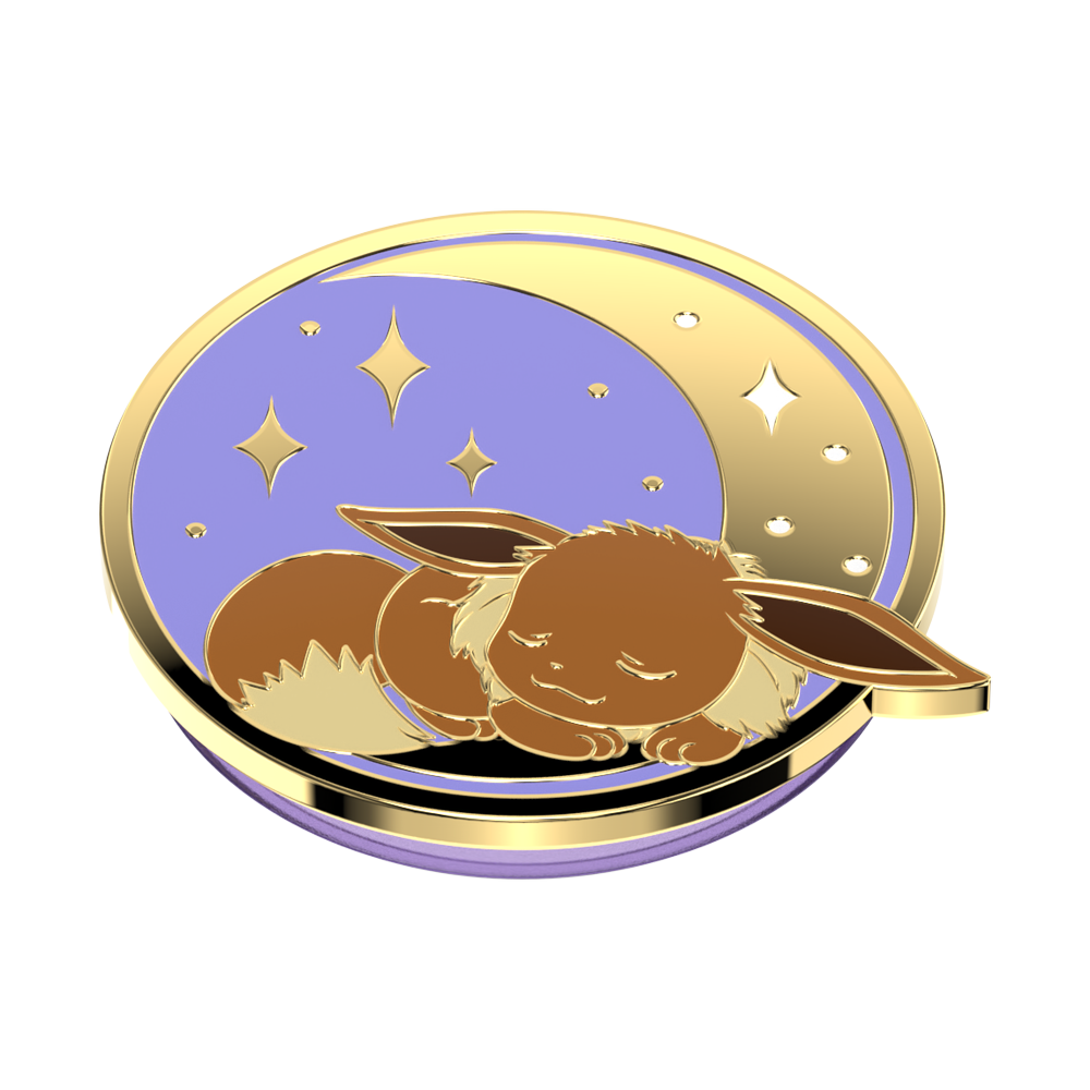 Gold and purple compact mirror with a character design on a white background