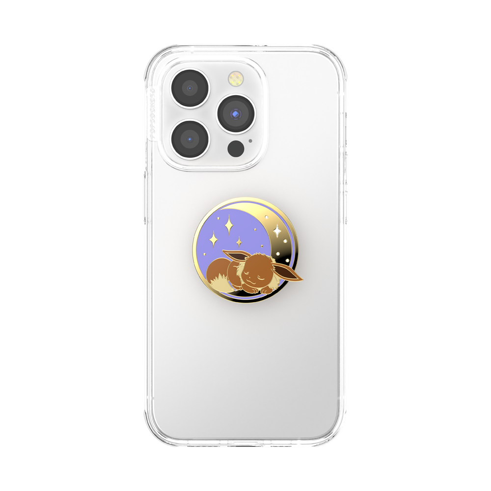 Clear phone case with a decorative pop socket featuring a cartoon character on a white background