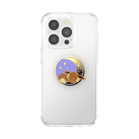 Clear phone case with a decorative pop socket featuring a cartoon character on a white background