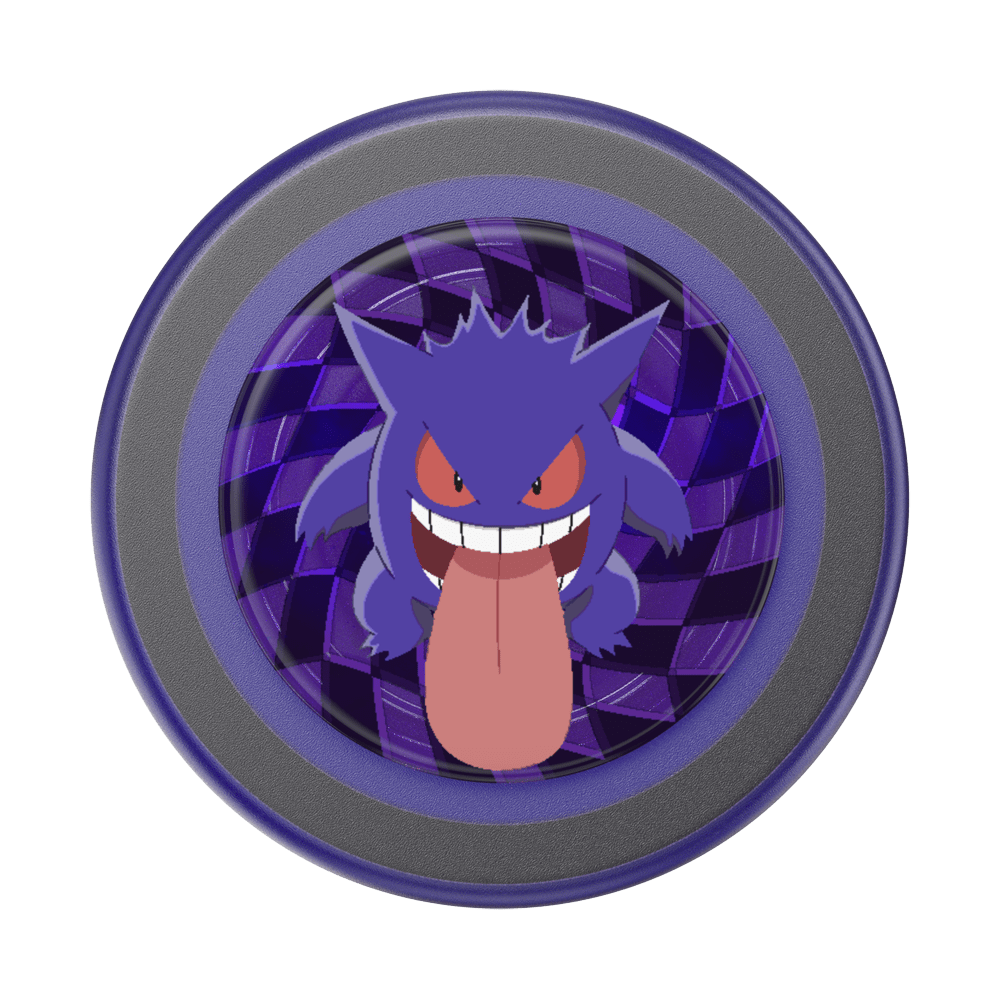 Circular product with a purple character design on a white background