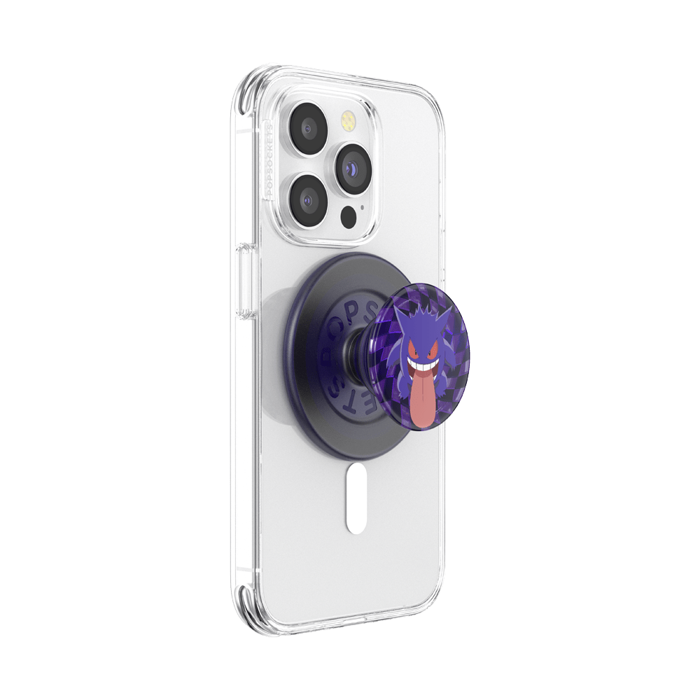 Clear phone case with a purple PopSockets grip on a white background
