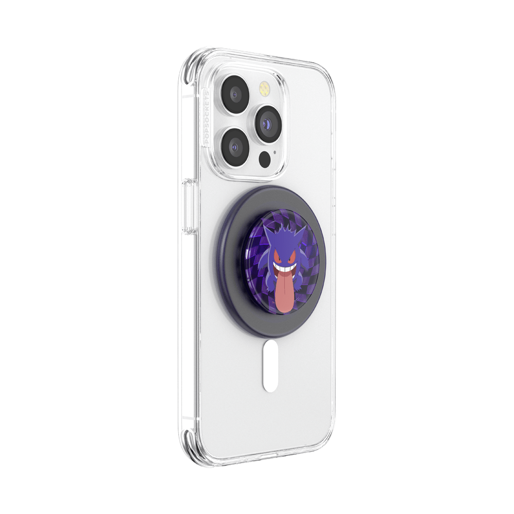 Phone case with a purple character charm on a white background