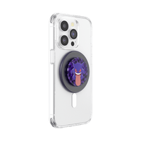 Phone case with a purple character charm on a white background
