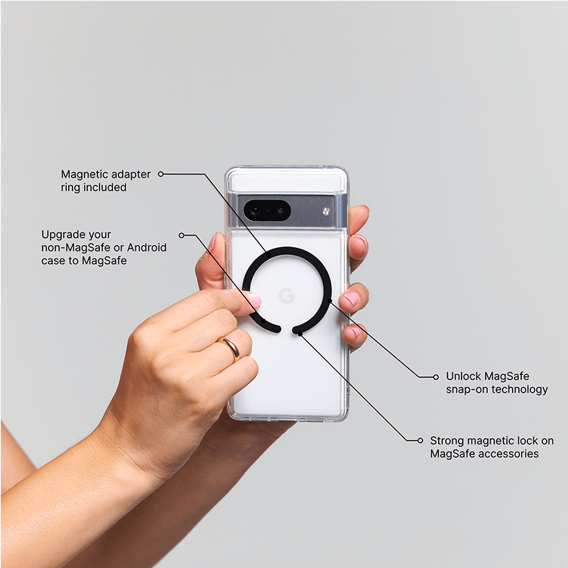 Hand holding a phone case with text highlighting features on a gray background