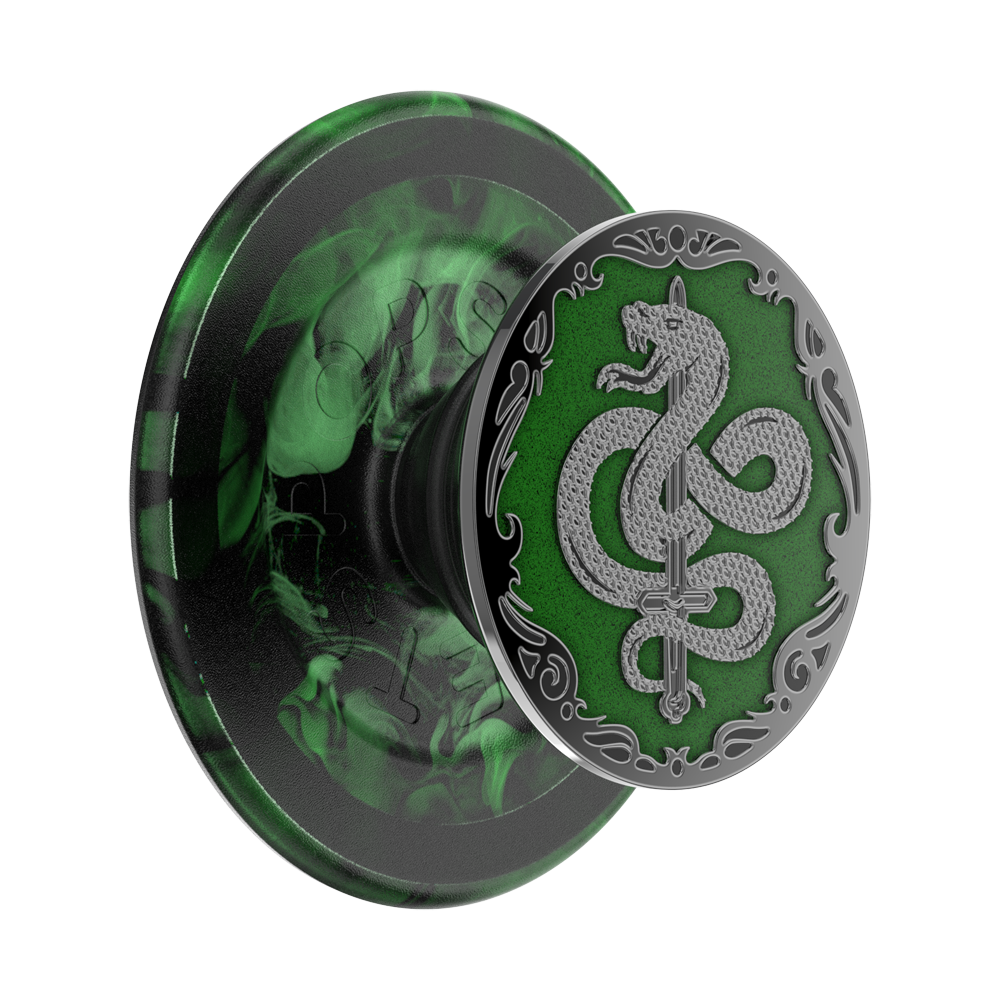 Green and silver phone grip with snake design on a white background