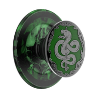 Green and silver phone grip with snake design on a white background