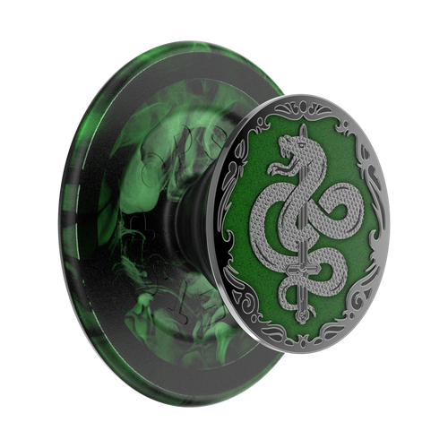 Green and silver phone grip with snake design on a white background