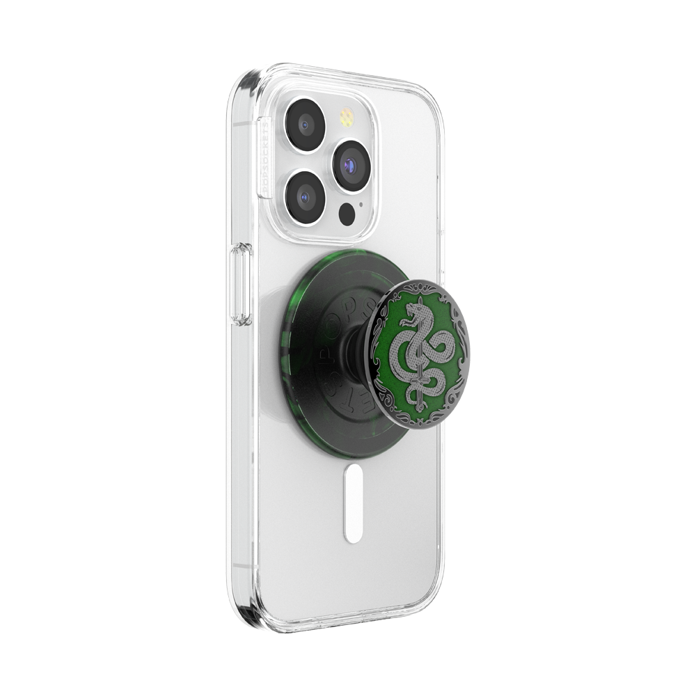 Phone case with a green and black PopSockets grip on a white background