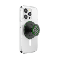 Phone case with a green and black PopSockets grip on a white background