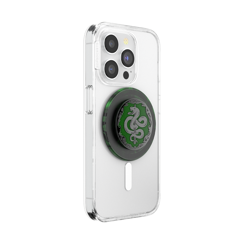 Phone case with a Slytherin emblem on a white background