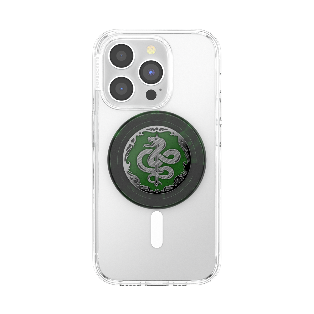Phone case with a Slytherin emblem on a white background