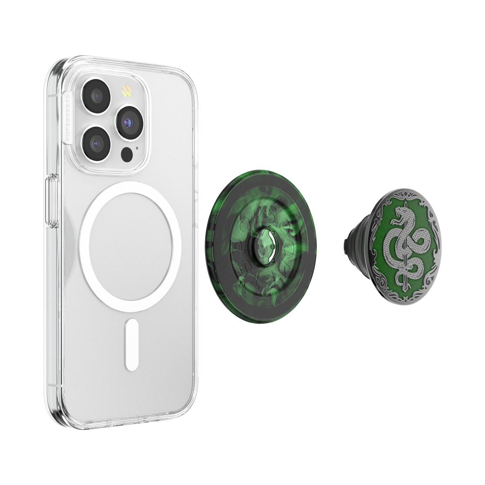Phone case with two green pop sockets on a white background