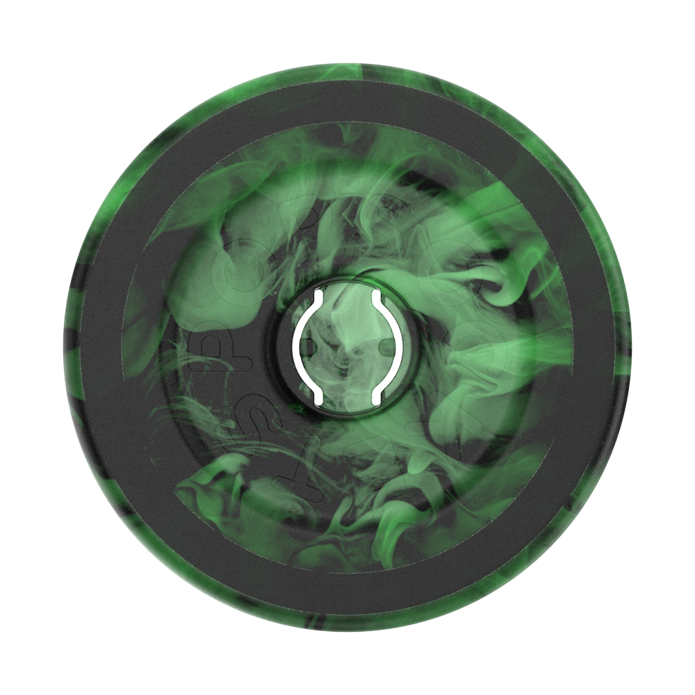 Round green and black object with a central circular design on a white background