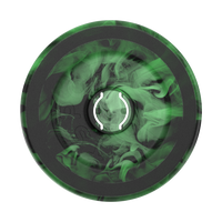 Round green and black object with a central circular design on a white background