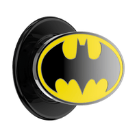 Batman logo on a black and yellow circular design with a metallic rim.