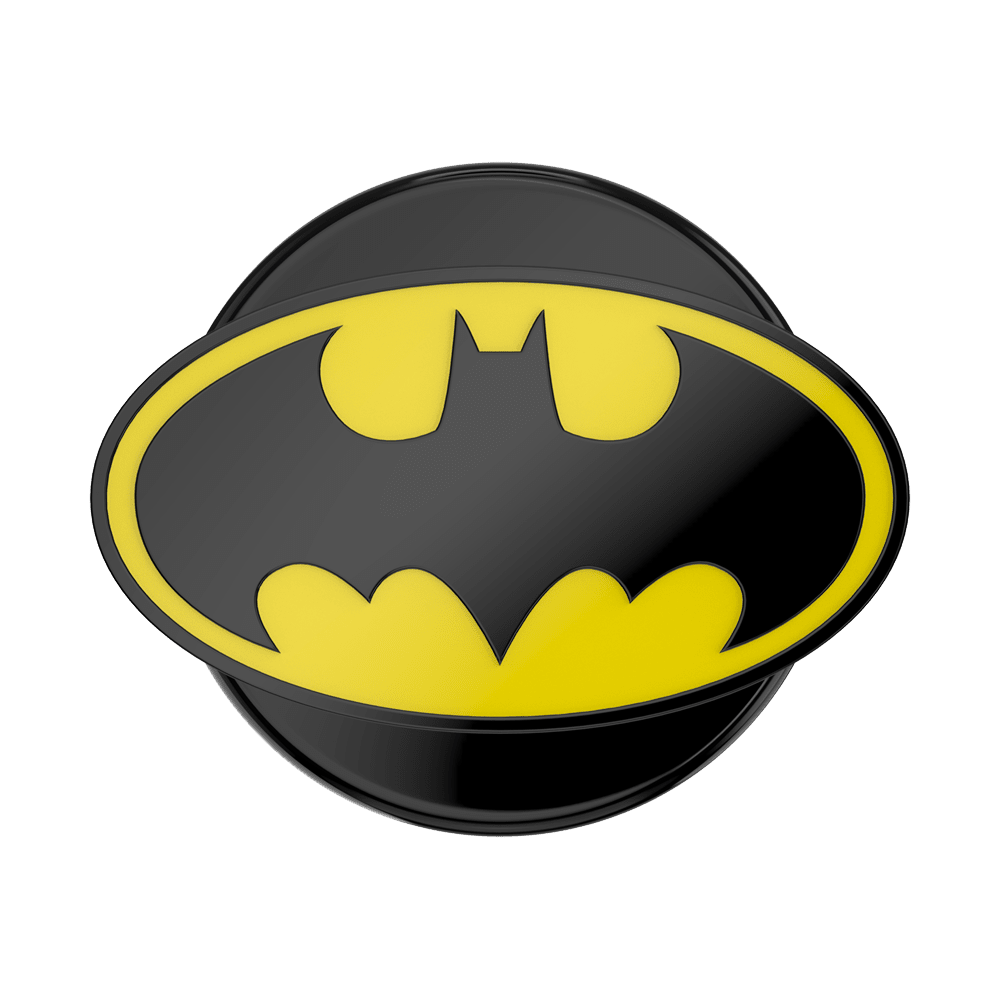 Black and yellow Batman logo on a white background