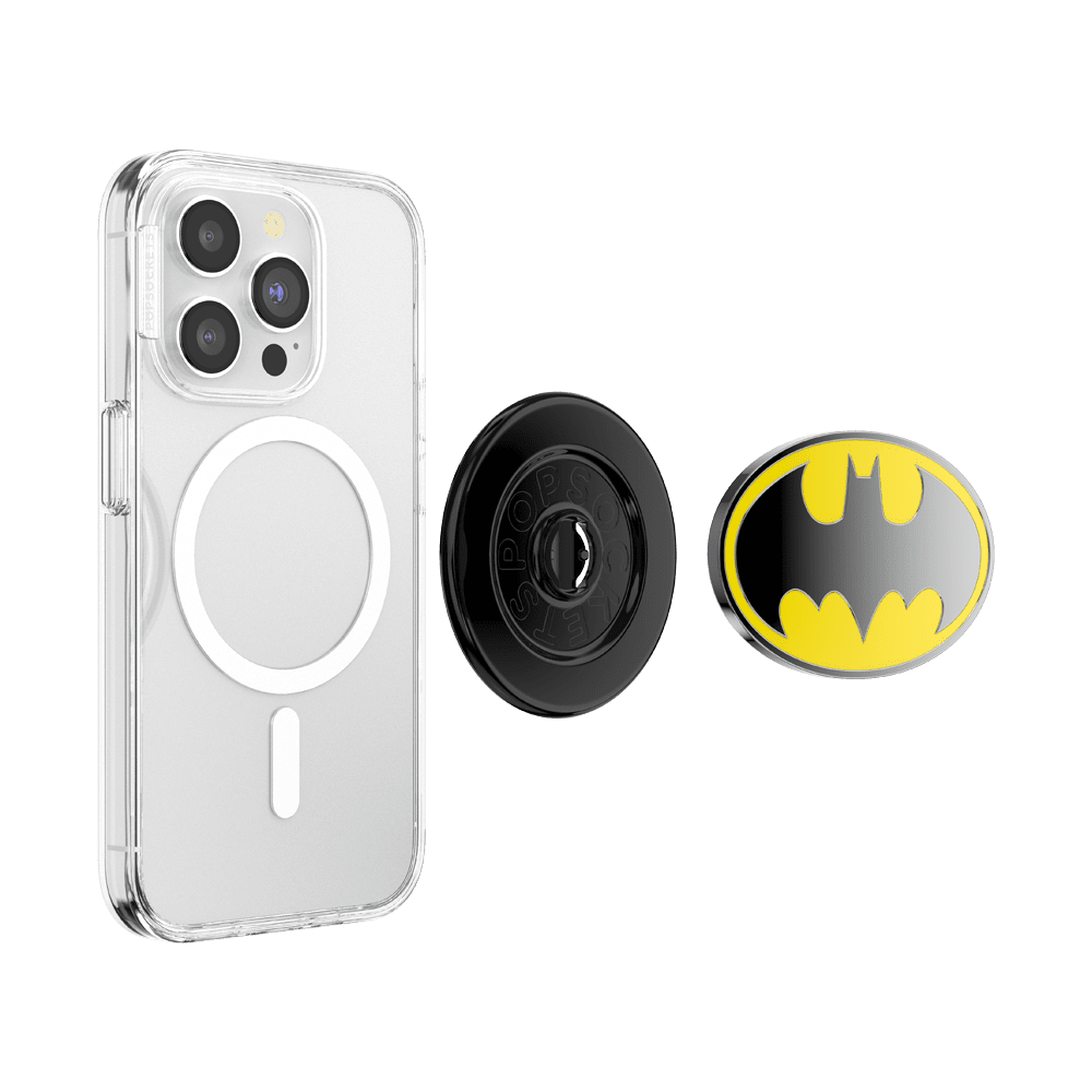 Phone case with PopSockets and Batman logo on a white background