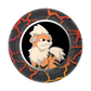 Circular product with a cartoon character in the center on a black background with red and orange patterns.