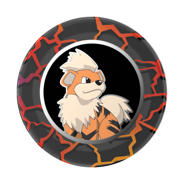 Circular product with a cartoon character in the center on a black background with red and orange patterns.