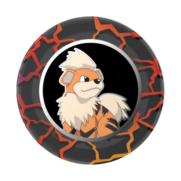 Circular product with a cartoon character in the center on a black background with red and orange patterns.