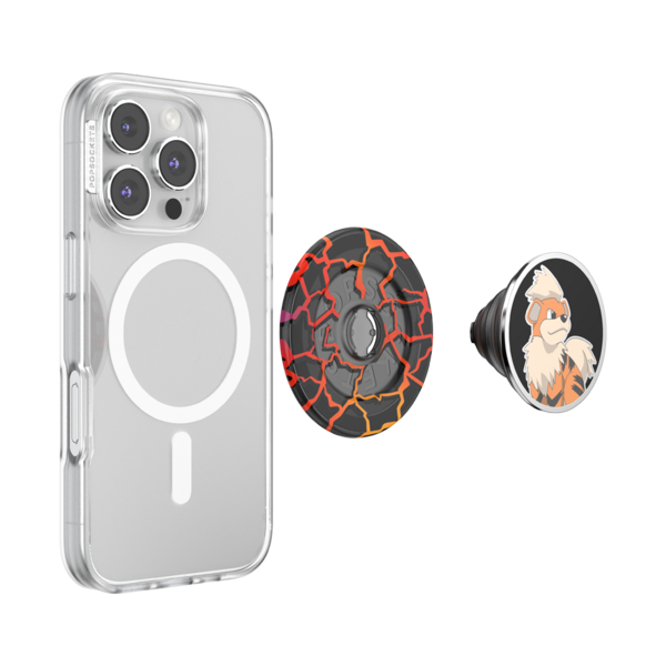 Phone case with pop socket and another pop socket with a dog design on a white background