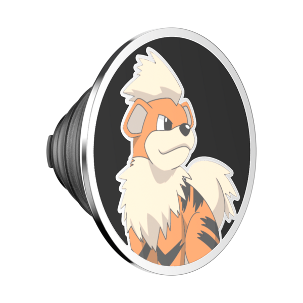 Phone pop socket with a cartoon fox design on a black background