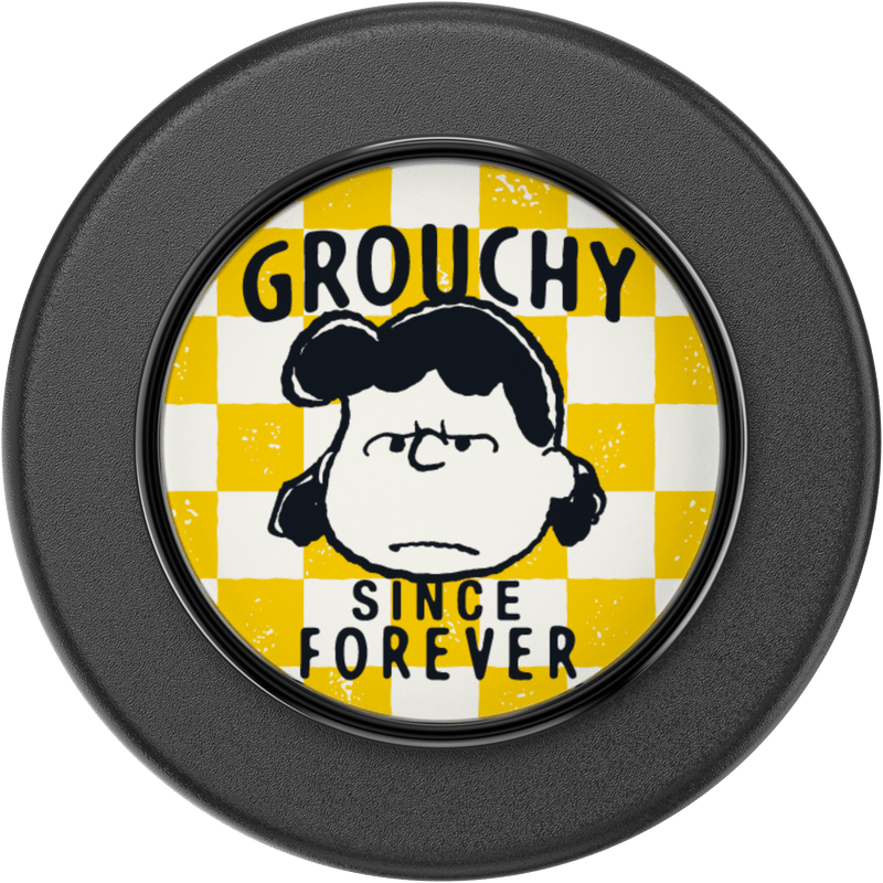 Circular product with a character design and text 'Grouchy Since Forever' on a checkered background.