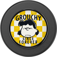 Circular product with a character design and text 'Grouchy Since Forever' on a checkered background.