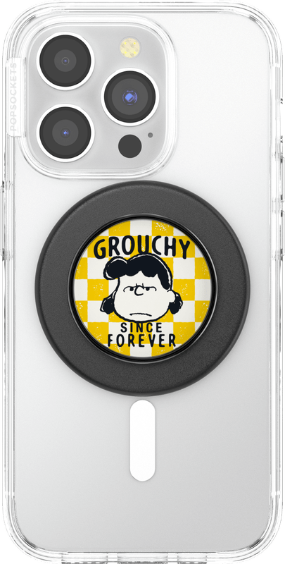 Phone case with a character design and text 'Grouchy Since Forever' on a clear background