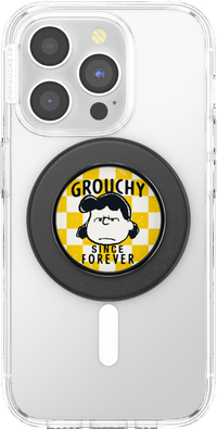 Phone case with a character design and text 'Grouchy Since Forever' on a clear background