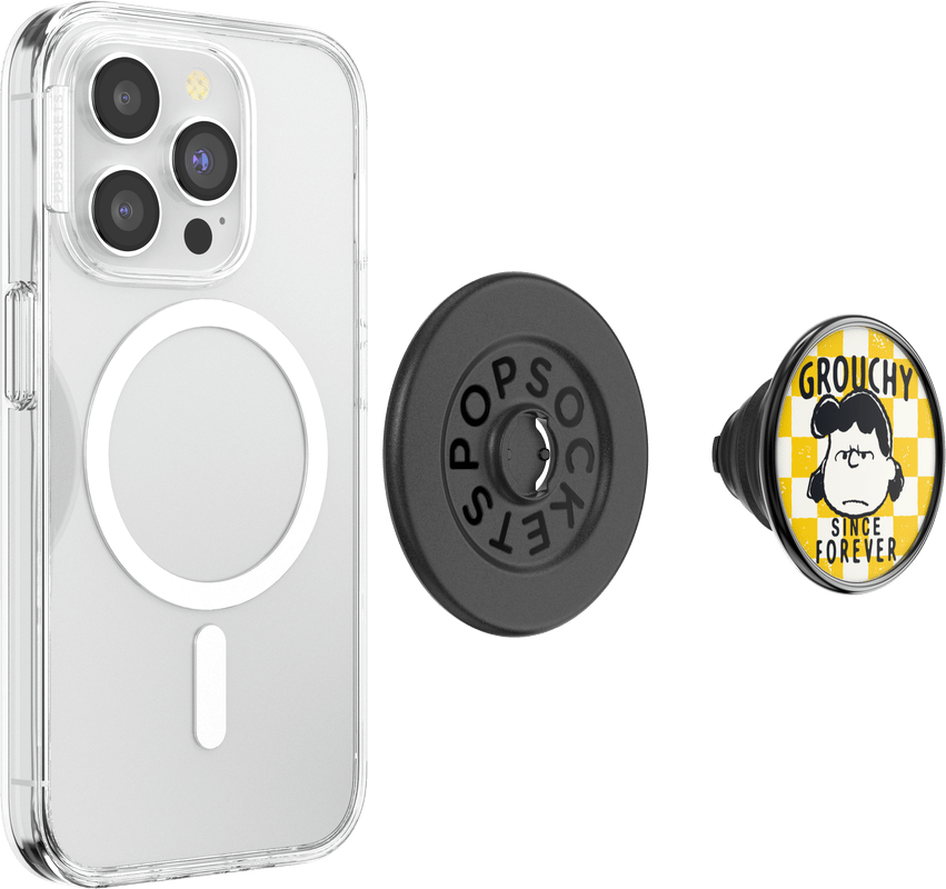 Phone case with PopSockets and a Grouchy character design on a white background
