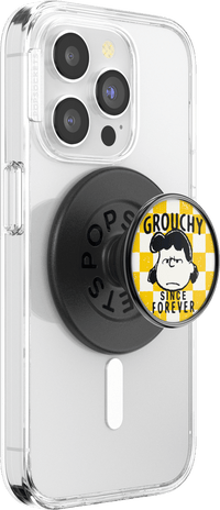 Phone case with PopSockets grip featuring a 'Grouchy Since Forever' design on a clear background