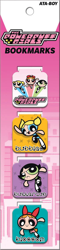 Set of Powerpuff Girls bookmarks on a pink background