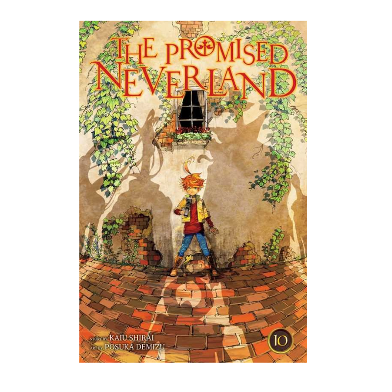 The Promised Neverland Volume 10 book cover featuring a stylized illustration of a boy standing on a brick courtyard with vines and a window in the background. The title is written in large orange letters at the top, with author and publisher text at the bottom.