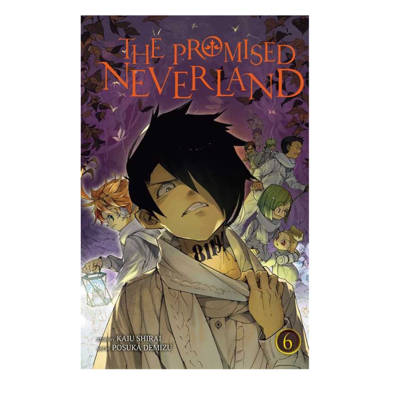 The Promised Neverland Volume 6 manga book cover, featuring a stylized illustration of Eren Yeager in the foreground with other characters in the background under a purple sky, with the title in orange text at the top.