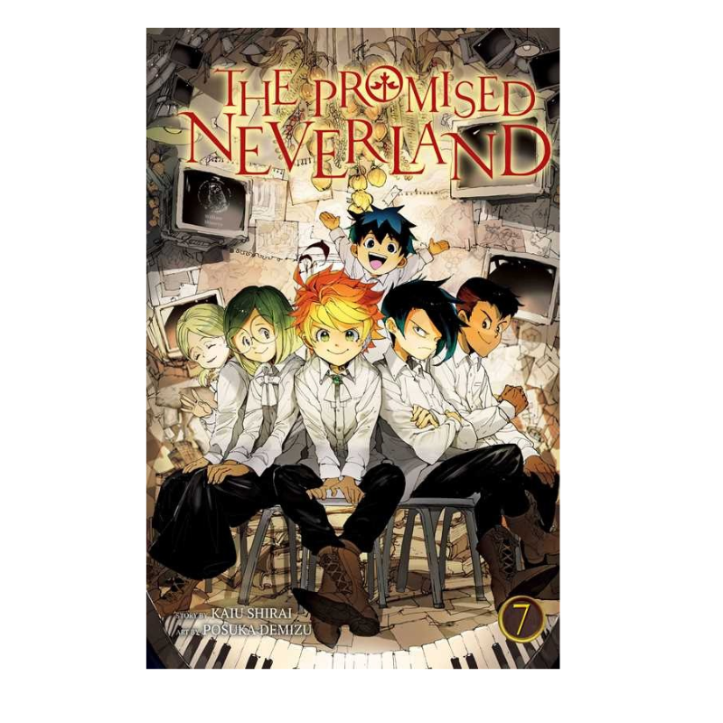 The Promised Neverland Volume 7 manga book cover, featuring the main characters sitting on stools in a room with television screens and piano keys, published by Shueisha's Bessatsu Publishing Company.
