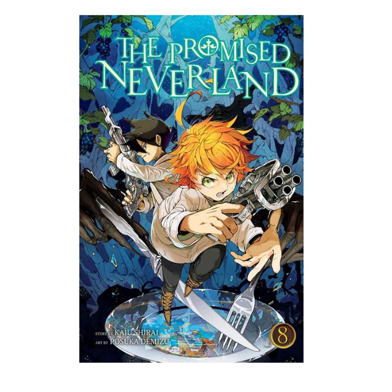 Front cover of the manga volume 'The Promised Neverland Volume 8' featuring Eren Yeager and Yordan Alvarez in a dynamic action pose, set against a dark blue forest background with the title in stylized green text at the top.
