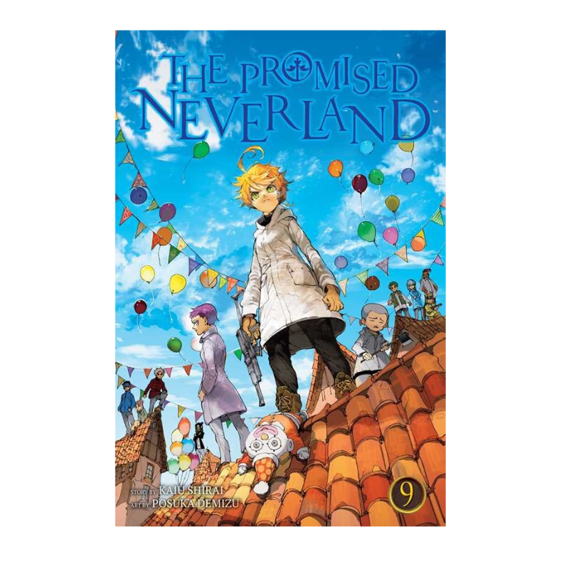 The Promised Neverland Volume 9 manga book cover, featuring a colorful illustration of Eren Yeager standing on a tiled roof under a blue sky with balloons, with other characters and houses in the background.