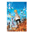 The Promised Neverland Volume 9 manga book cover, featuring a colorful illustration of Eren Yeager standing on a tiled roof under a blue sky with balloons, with other characters and houses in the background.