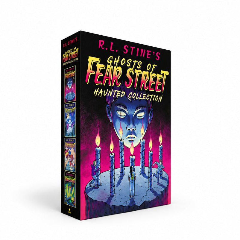 Box set of R.L. Stine's Ghosts of Fear Street books with a dark cover featuring candles and a face.