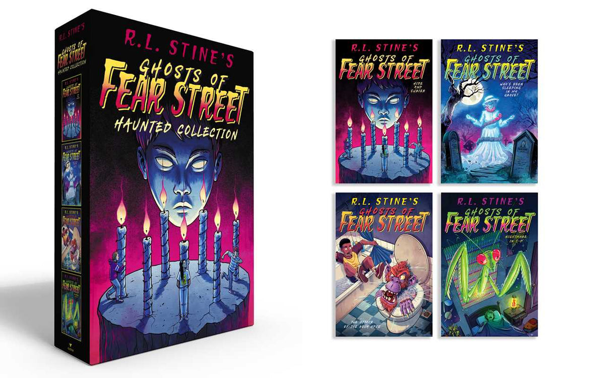 Collection of R.L. Stine's 'Ghosts of Fear Street' books with colorful covers on a white background.