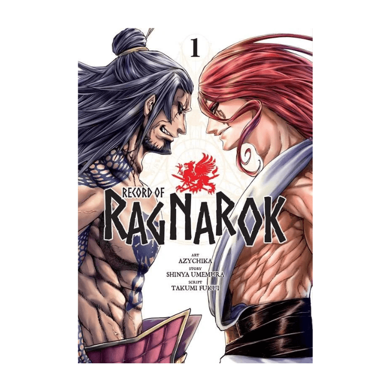 Front cover of the manga volume 'Record of Ragnarok' volume 1, featuring two illustrated male characters facing each other with long dark and red hair, on a white background with the title in large black letters and a red dragon emblem.