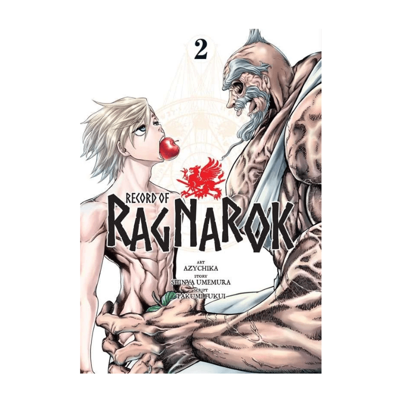Manga volume cover for Record of Ragnarok Volume 2, featuring illustrated characters with a red apple and the title text on a white background.