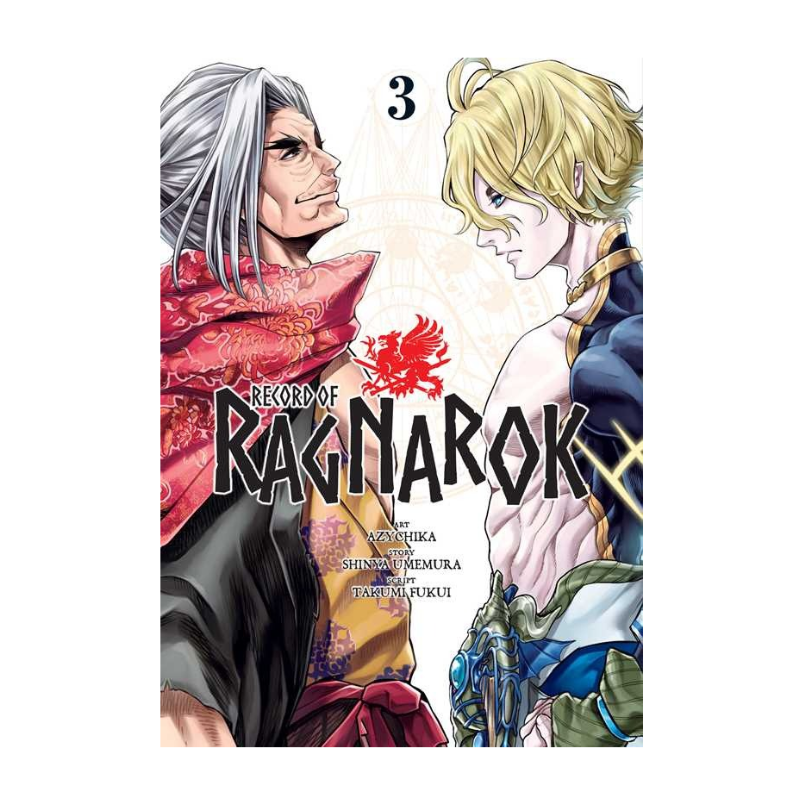 Front cover of the manga volume 'Record of Ragnarok' volume 3, featuring illustrated characters facing each other with the title in large black letters and a red dragon emblem.