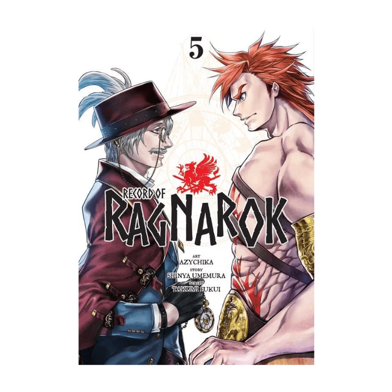 Manga volume cover for Record of Ragnarok Volume 5, featuring illustrated characters in a dramatic side-by-side pose on a white background.