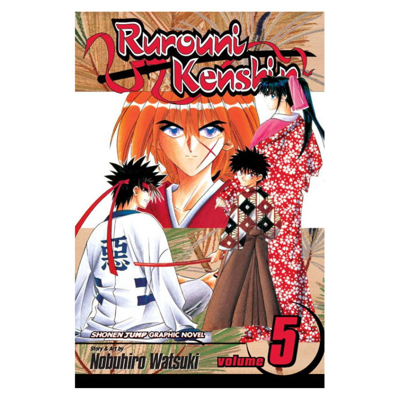 Rurouni Kenshin Volume 5 manga novel cover by Nobuhiro Watsuki, featuring illustrated characters in traditional and modern attire against a warm beige background.