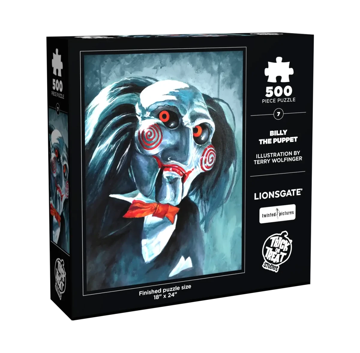 A 500-piece jigsaw puzzle box featuring Billy the Puppet from 'The Addams Family' on a black background. The box includes Lionsgate branding and a Twisted Twisters logo.