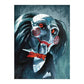 A completed jigsaw puzzle featuring a stylized horror character portrait with a pale blue-gray face, black hair, red spiral eye patches, and a red bow tie on a dark blue-gray background.