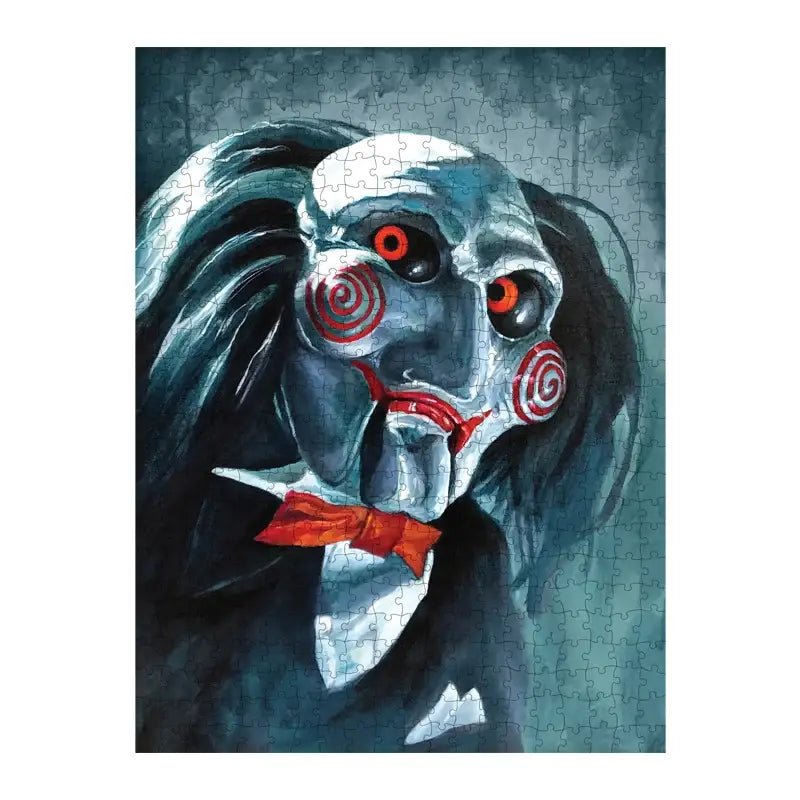 A completed jigsaw puzzle featuring a stylized horror character portrait with a pale blue-gray face, black hair, red spiral eye patches, and a red bow tie on a dark blue-gray background.